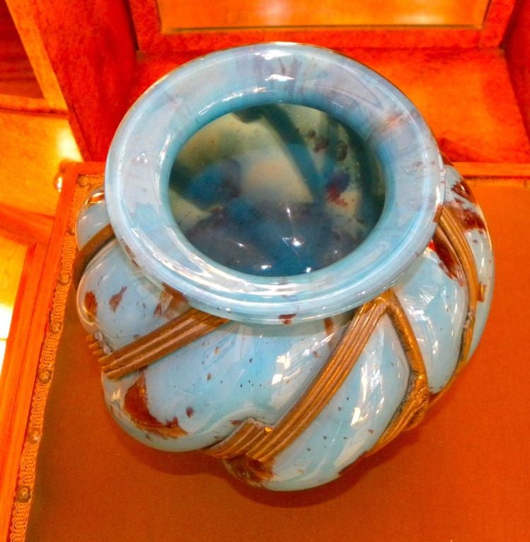 Art Deco Original Blue Spotted Glass with Iron in Lorraine Style Vase For Sale