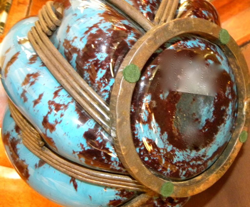 Original Blue Spotted Glass with Iron in Lorraine Style Vase In Good Condition For Sale In Oakland, CA