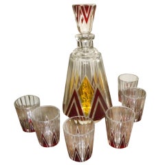 Czech Modernist Decanter set with 6 glasses two-tone