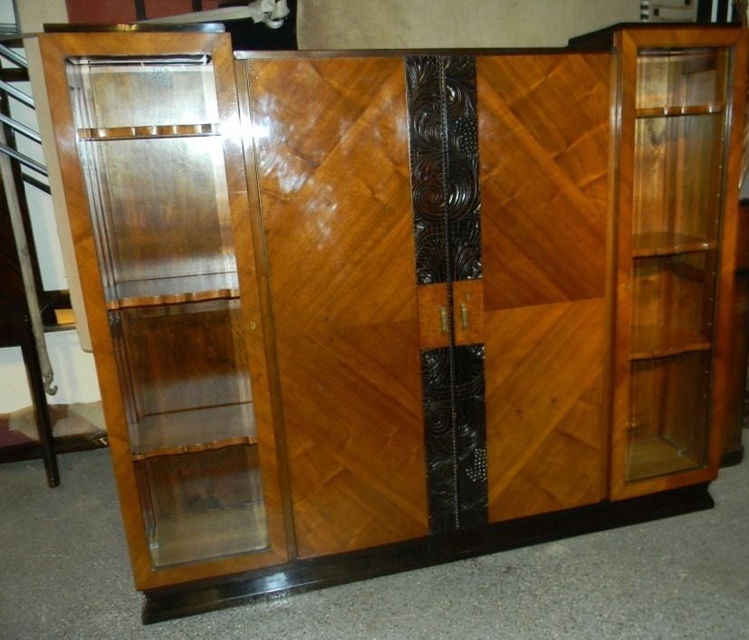 Mid-20th Century Large Art Deco Cabinet, Display Storage with Hand-Carved Front