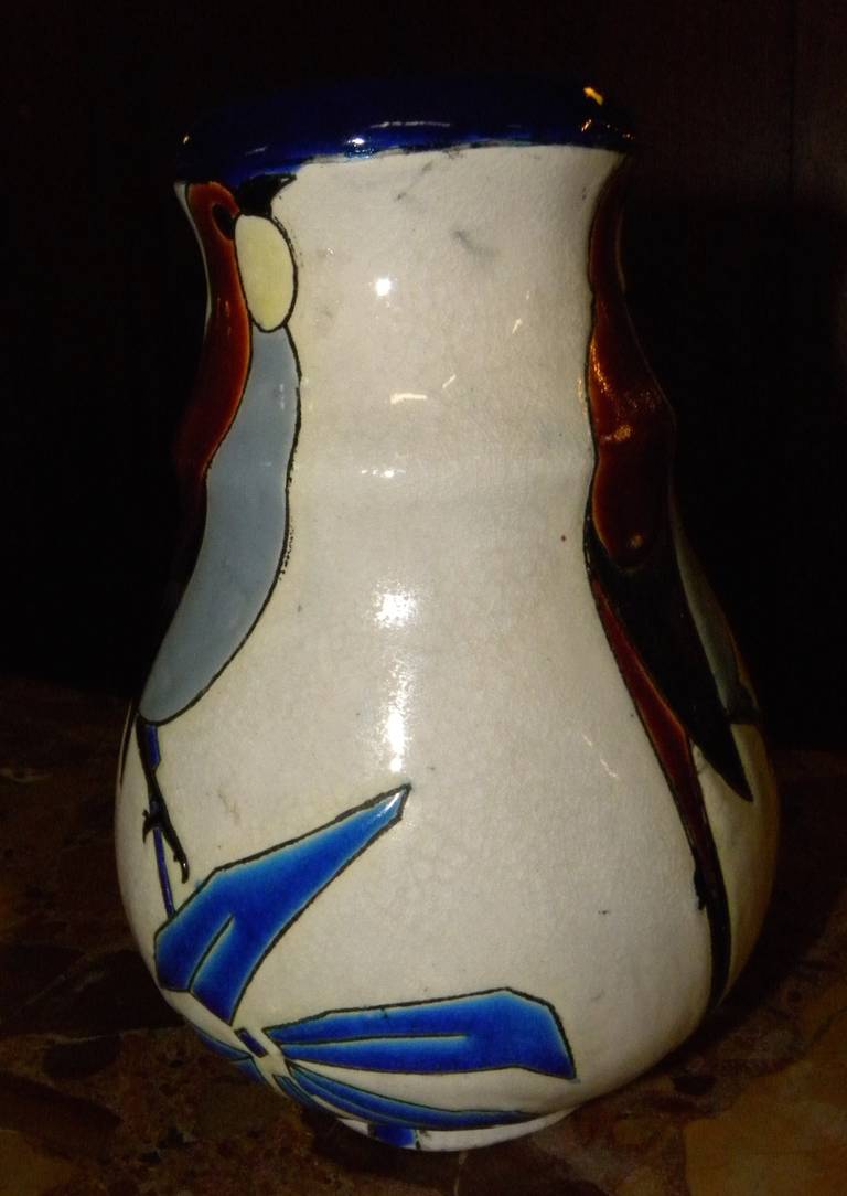 Catteau Era Ceramic Art Deco Vase with Bird In Excellent Condition For Sale In Oakland, CA