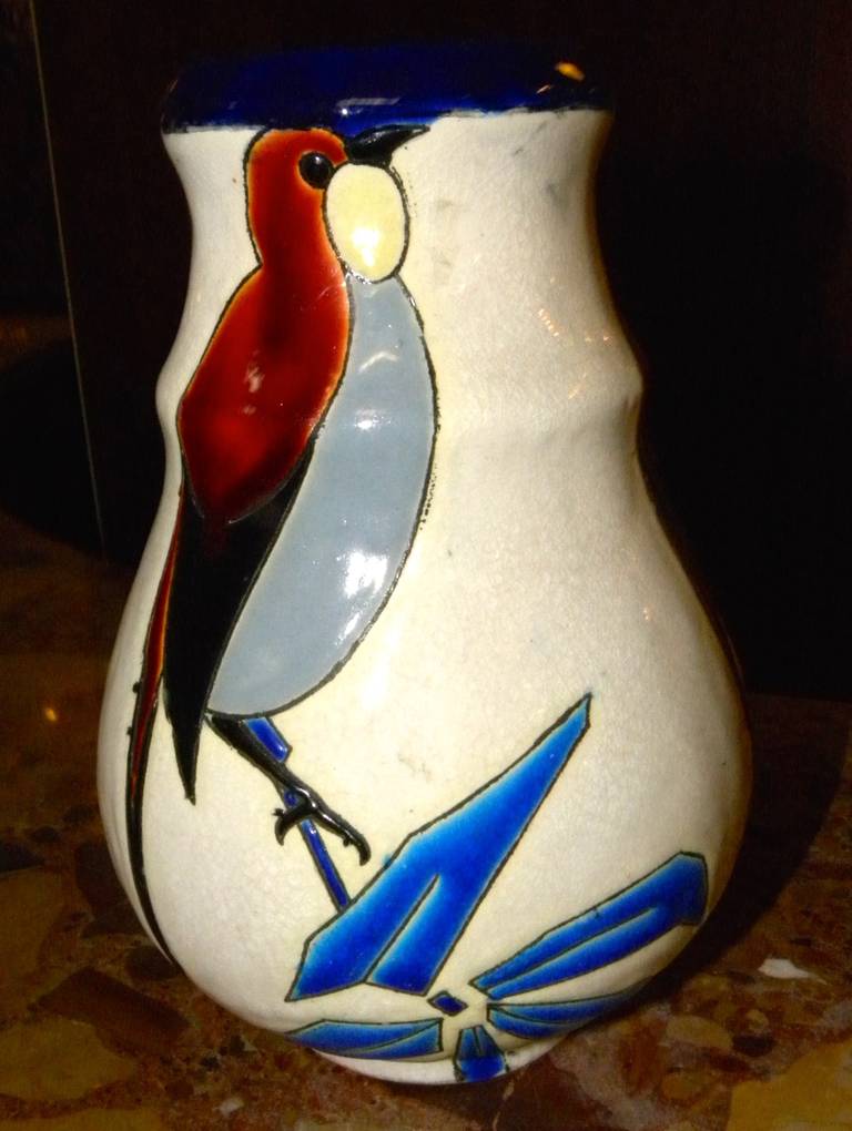 Belgian Catteau Era Ceramic Art Deco Vase with Bird For Sale