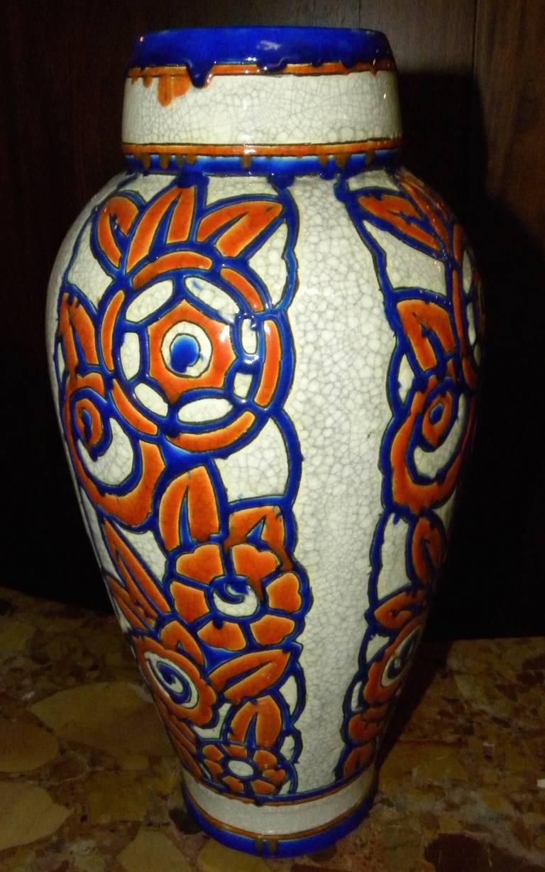 Belgian Catteau Era Ceramic Art Deco Vase with Flower Motif