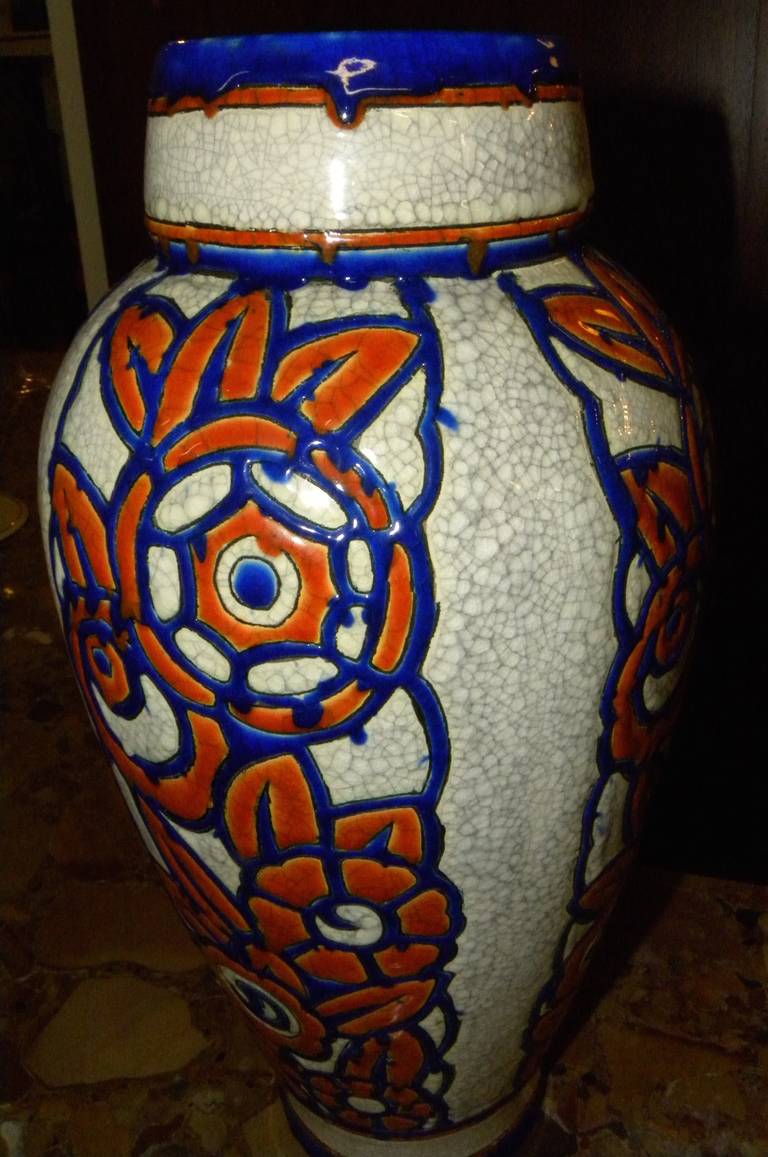 Mid-20th Century Catteau Era Ceramic Art Deco Vase with Flower Motif