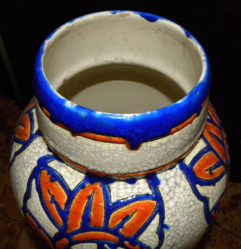 Catteau Era Ceramic Art Deco Vase with Flower Motif In Excellent Condition In Oakland, CA
