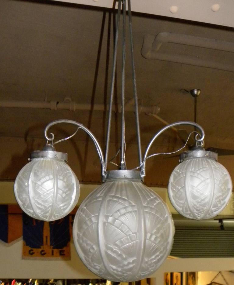 Art Deco Iron Chandelier with Pressed Glass Globes 2