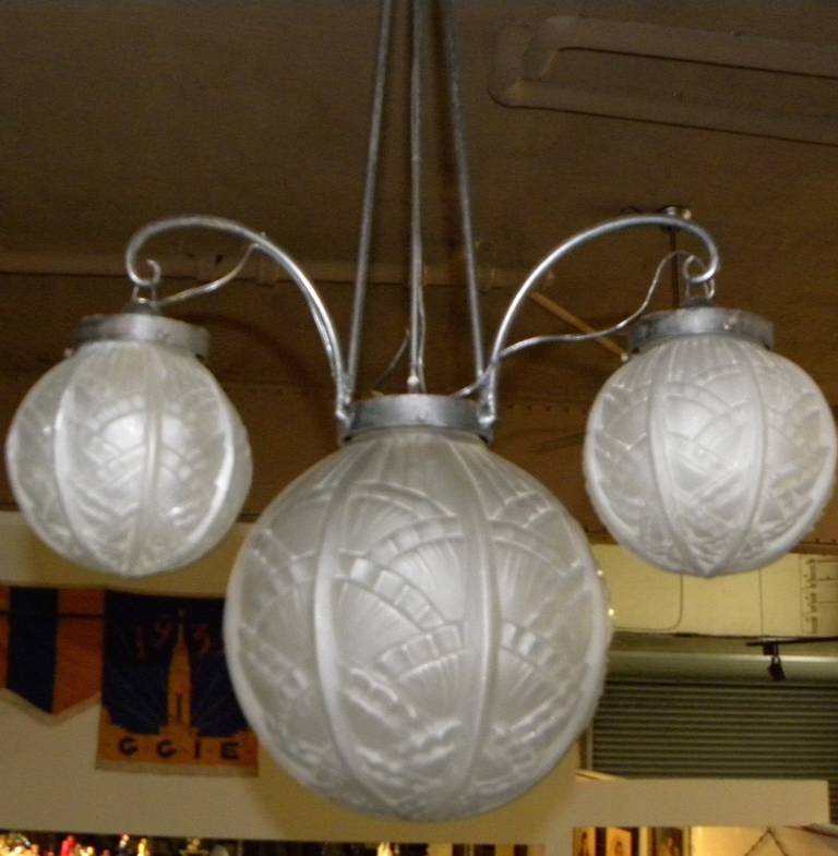 Art Deco Iron Chandelier with Pressed Glass Globes 1