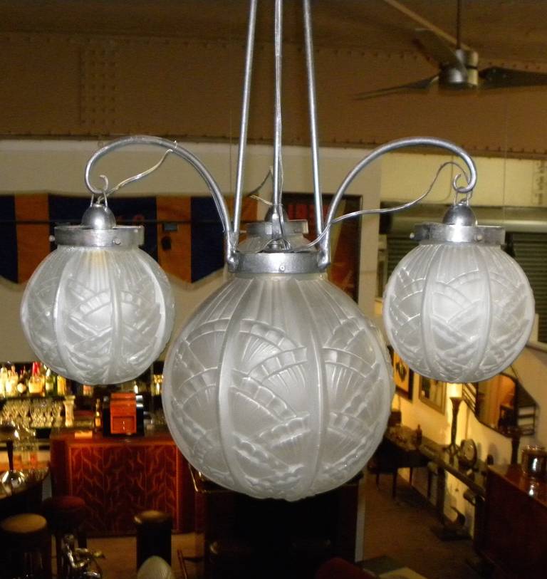 Mid-20th Century Art Deco Iron Chandelier with Pressed Glass Globes