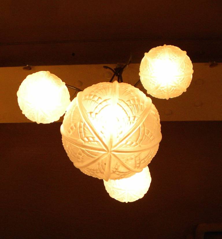 French Art Deco Iron Chandelier with Pressed Glass Globes