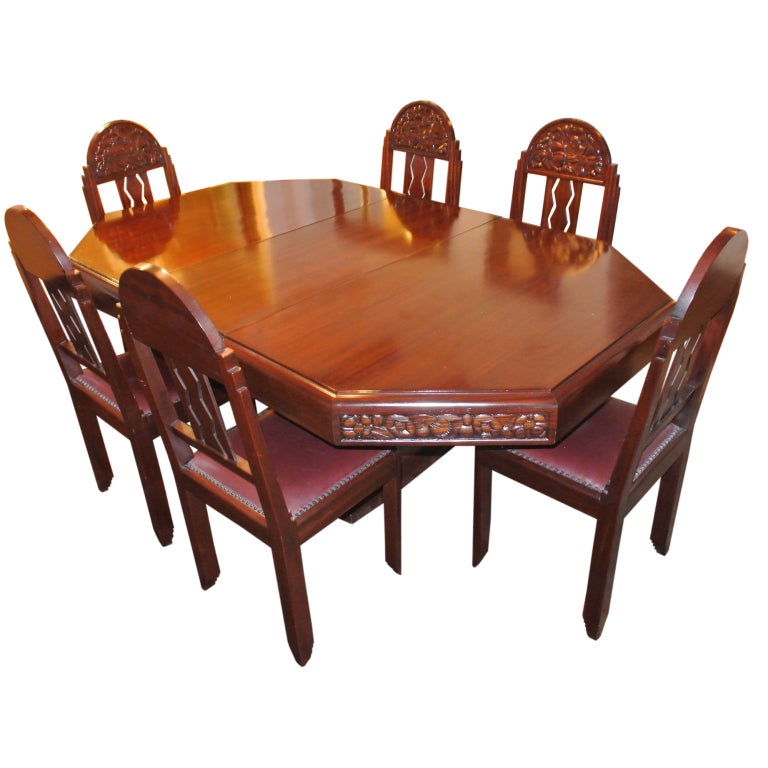 Unique Art Deco French Carved Dining Table with Chairs For Sale