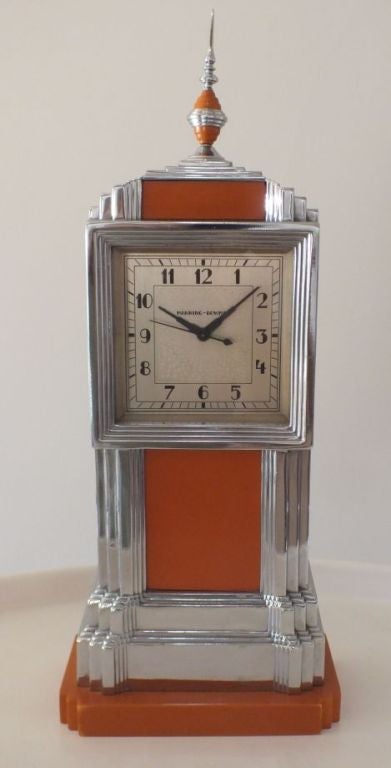 An amazing and iconic piece, this Manning Bowman 1930s Skyscraper Clock is a wonderful example of American Art Deco at its optimistic best. Rare and highly sought after, this combines the key elements of chrome, bakelite and enamel in the most