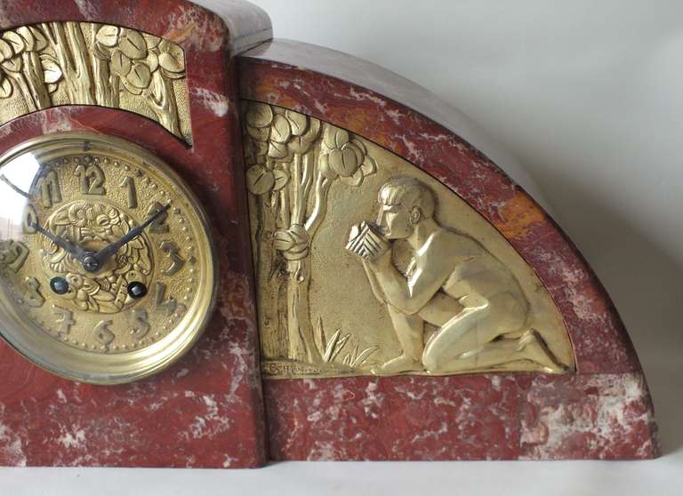 Important French Art Deco Marble Clock with Gilt Bronze Details In Excellent Condition In Oakland, CA