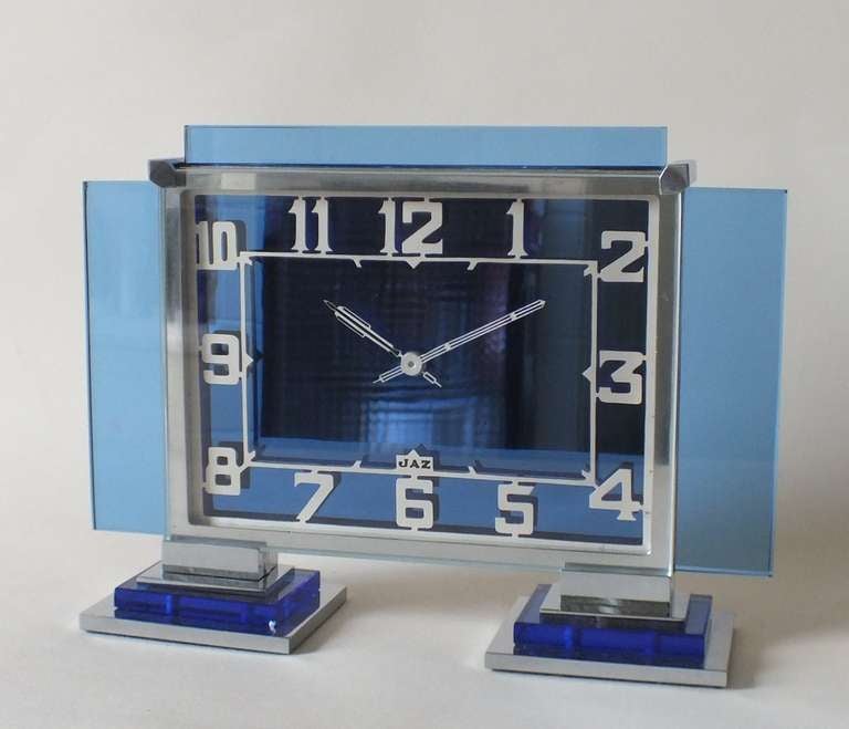 French Blue Glass & Chrome Jaz Art Deco Clock 4