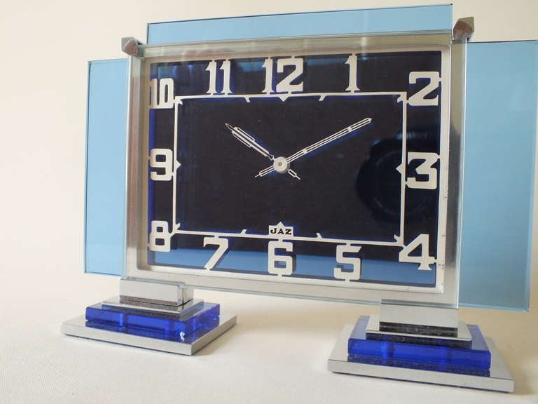 Mid-20th Century French Blue Glass & Chrome Jaz Art Deco Clock