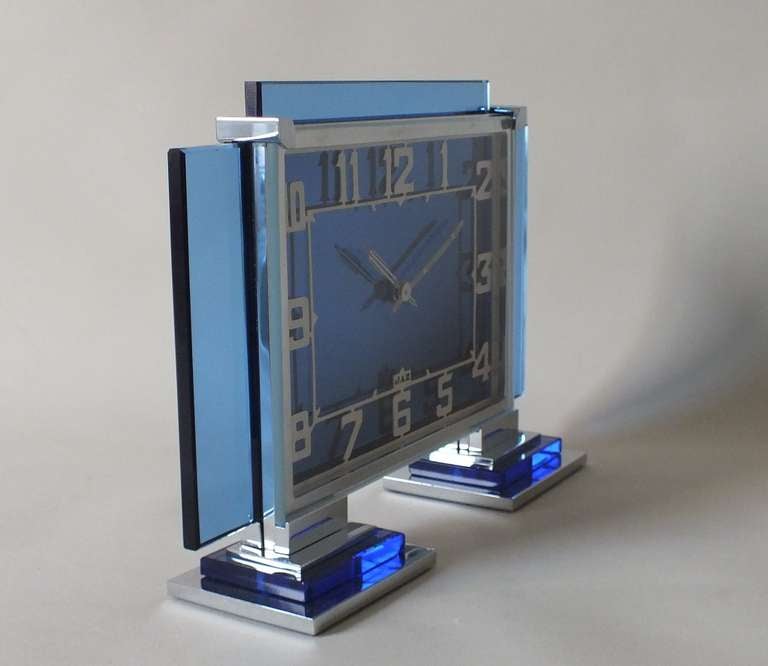 French Blue Glass & Chrome Jaz Art Deco Clock 2