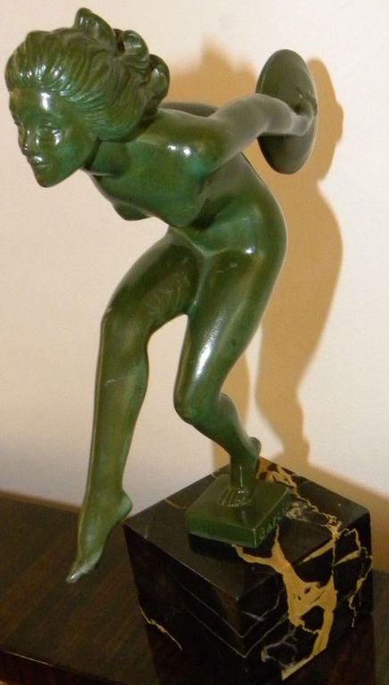 Patinated French Art Deco Female Nude Disc Dancer Statue By Garcia