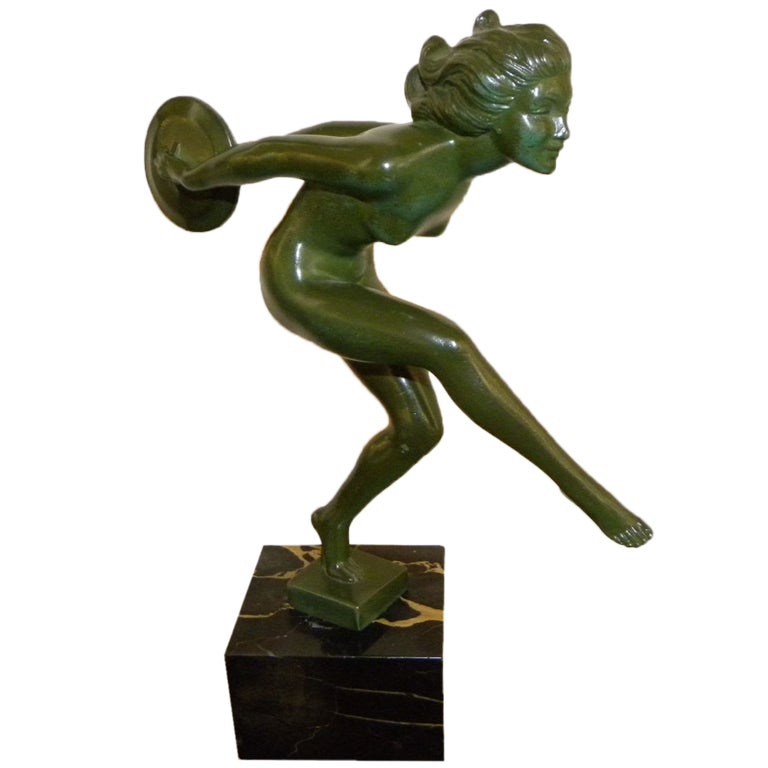 French Art Deco Female Nude Disc Dancer Statue By Garcia