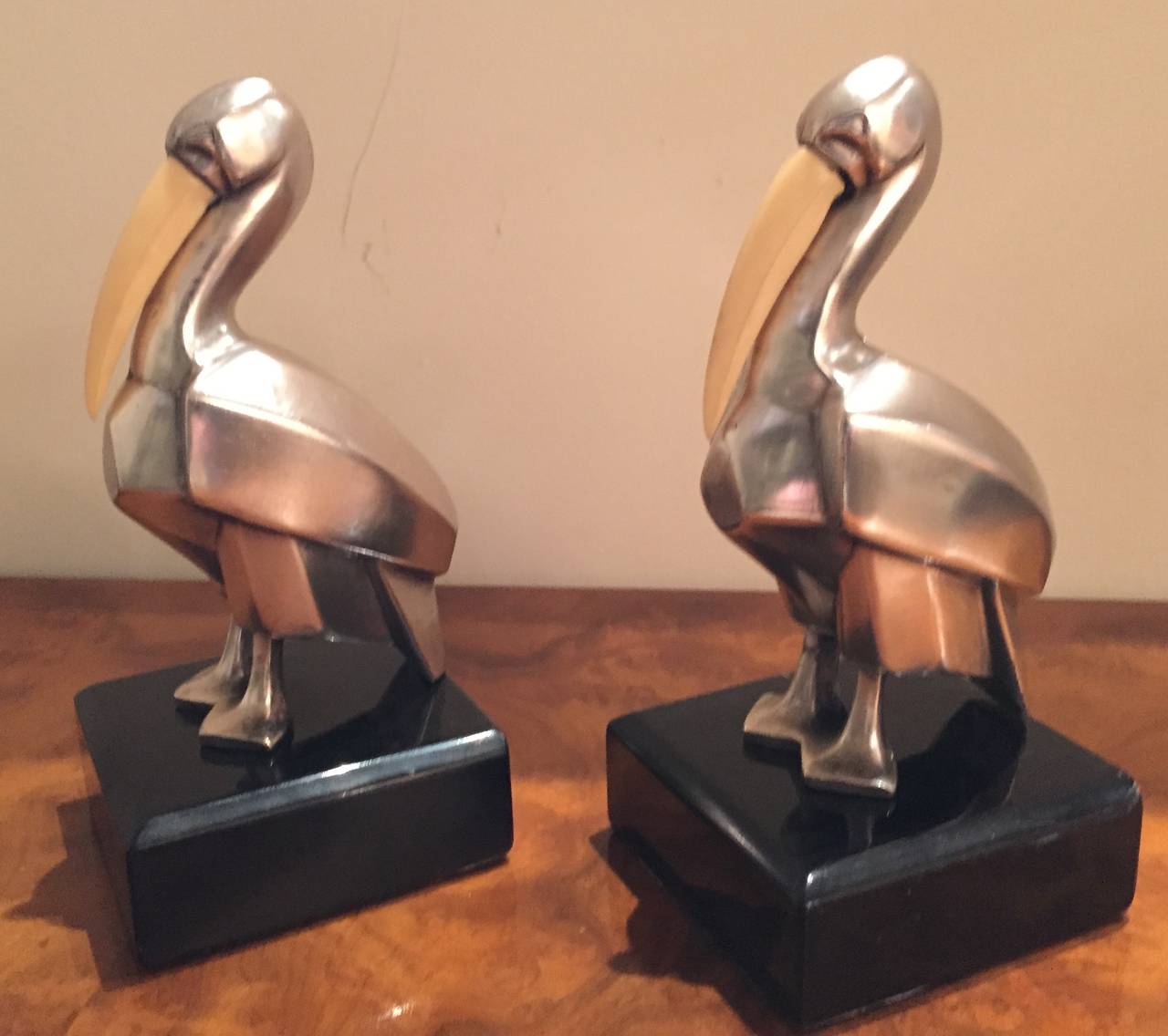 Silvered Pelikan Bookend Statues In Excellent Condition In Oakland, CA