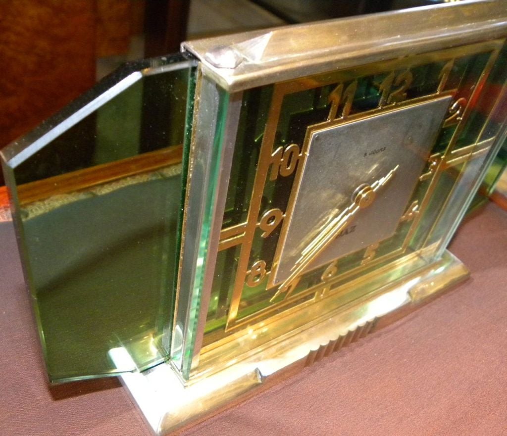 French Stunning Jaz Art Deco Green Glass Brass Clock