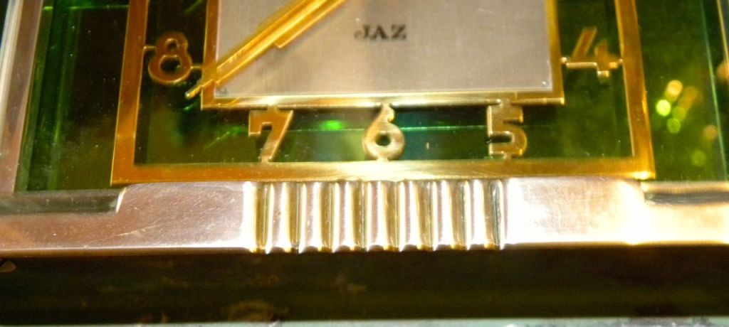 Stunning Jaz Art Deco Green Glass Brass Clock 2