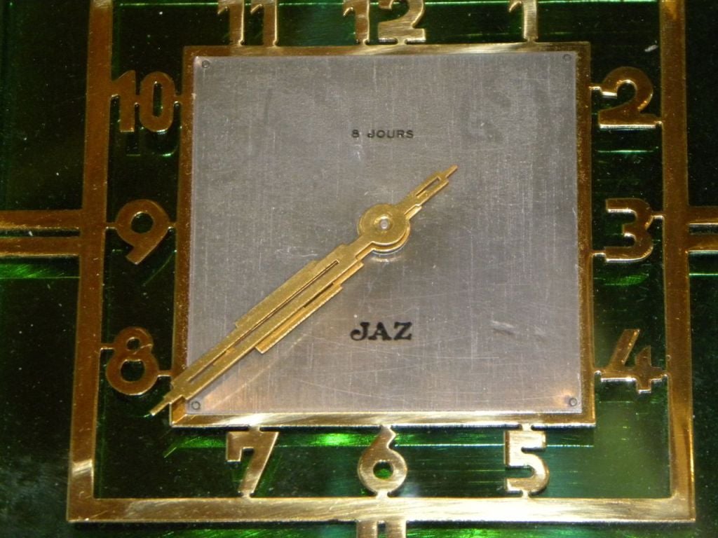 Stunning Jaz Art Deco Green Glass Brass Clock 3
