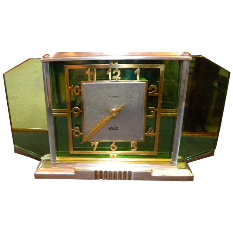 Stunning Jaz Art Deco Green Glass Brass Clock