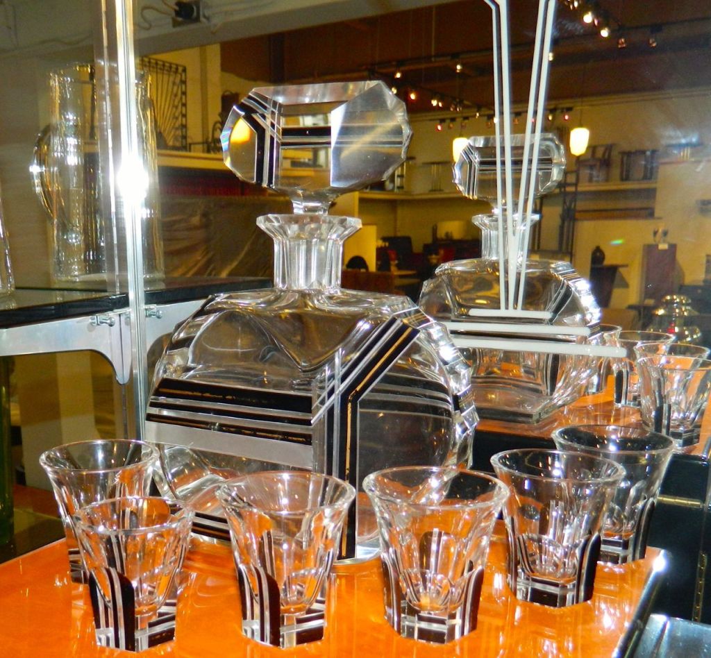 Modernist Black Gold Czech Glass Decanter Set Art Deco