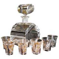Modernist Black Gold Czech Glass Decanter Set Art Deco
