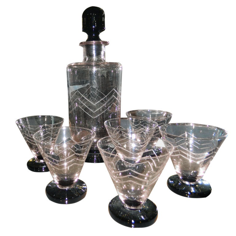 French Art Deco Etched Glass Decanter Cocktail Set at 1stdibs