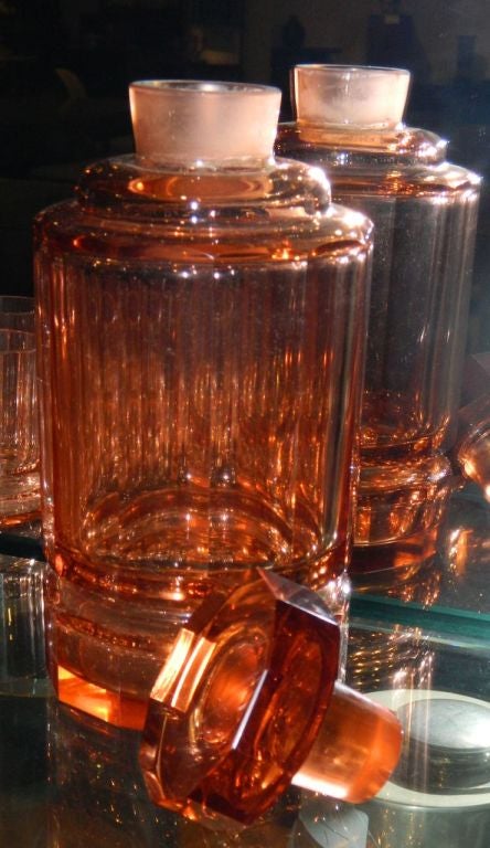 High Quality Czech faceted peach/pink high Art Deco Decanter set In Excellent Condition In Oakland, CA