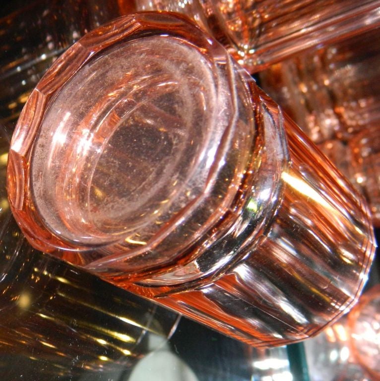 High Quality Czech faceted peach/pink high Art Deco Decanter set 2
