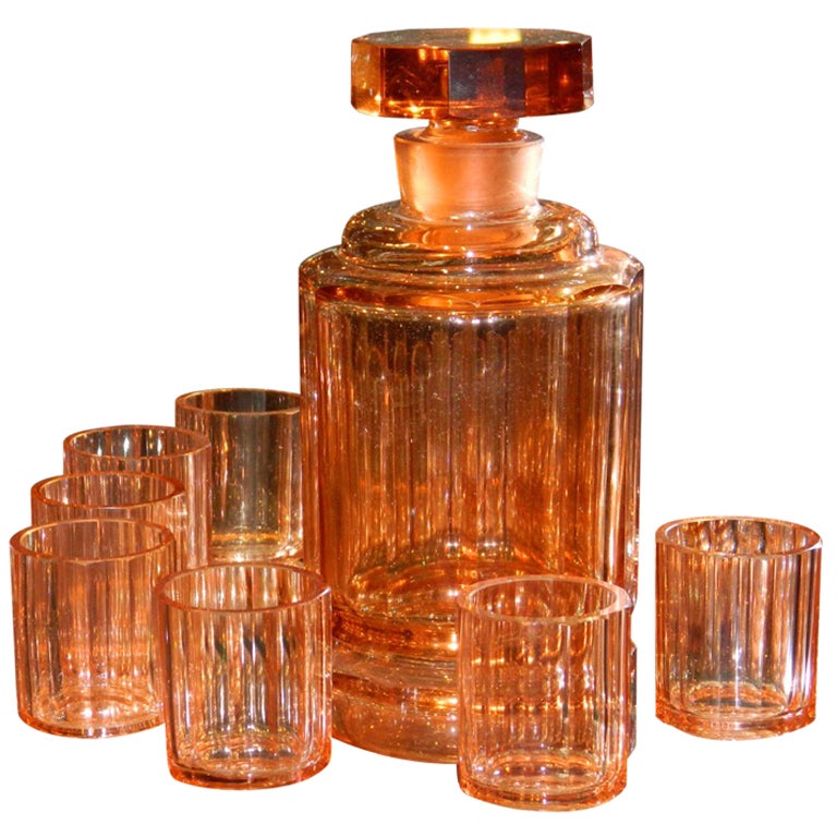 High Quality Czech faceted peach/pink high Art Deco Decanter set