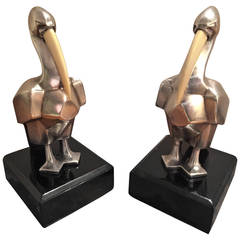 Silvered Pelikan Bookend Statues