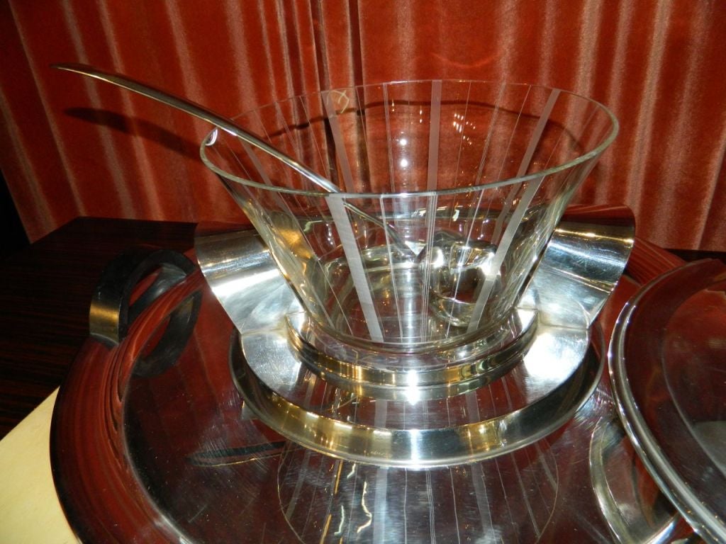 Stunning Rare Art Deco Etched Glass Modernist Punch Bowl and Tray 1