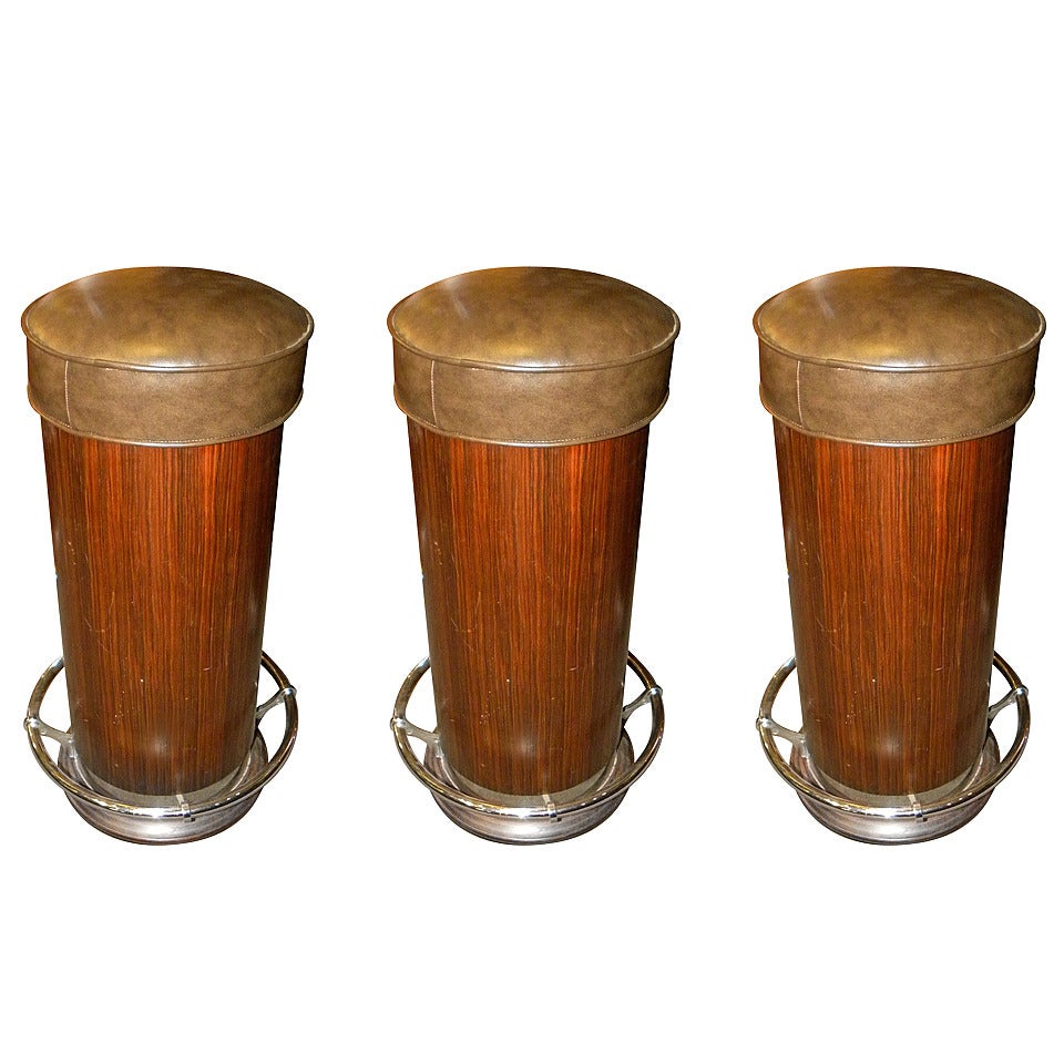 Three Art Deco Barrel Bar Stools with Chrome Footrest at 1stDibs