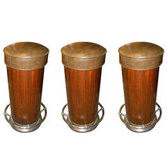 Three Art Deco Barrel Bar Stools with Chrome Footrest