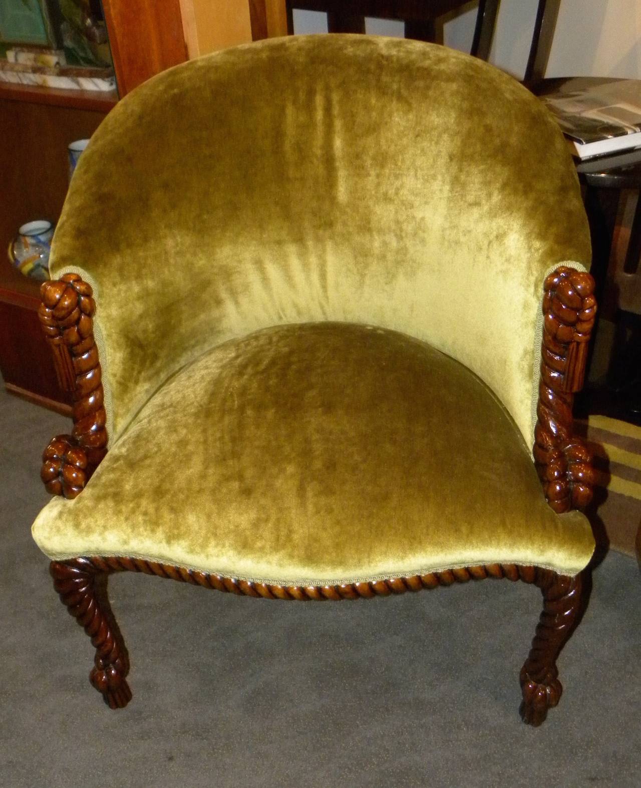Very unusual carved solid wood Art Deco chairs. The design could be utilized with many interior points of view, these are unique Classic chairs and I've never seen anything like them. When I found these, I thought these would be great for 1st dibs.