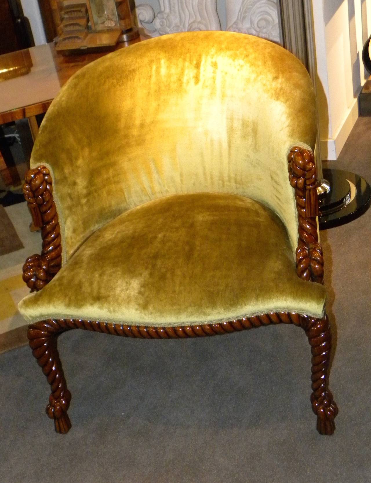 Unusual French Carved Wood Art Deco Armchairs In Excellent Condition In Oakland, CA