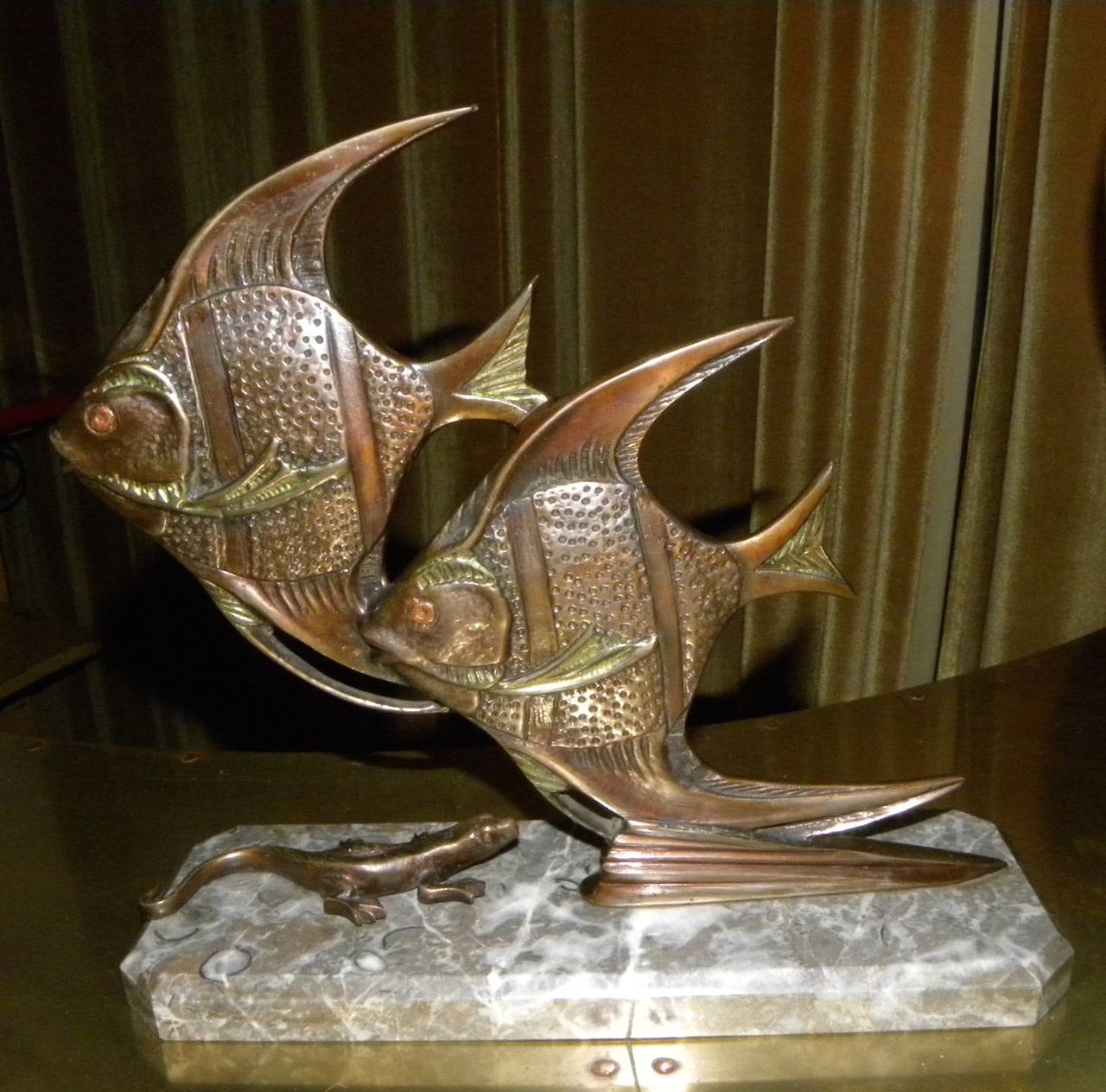 Bronze Art Deco Angel Fish Statue with Gecko In Excellent Condition In Oakland, CA