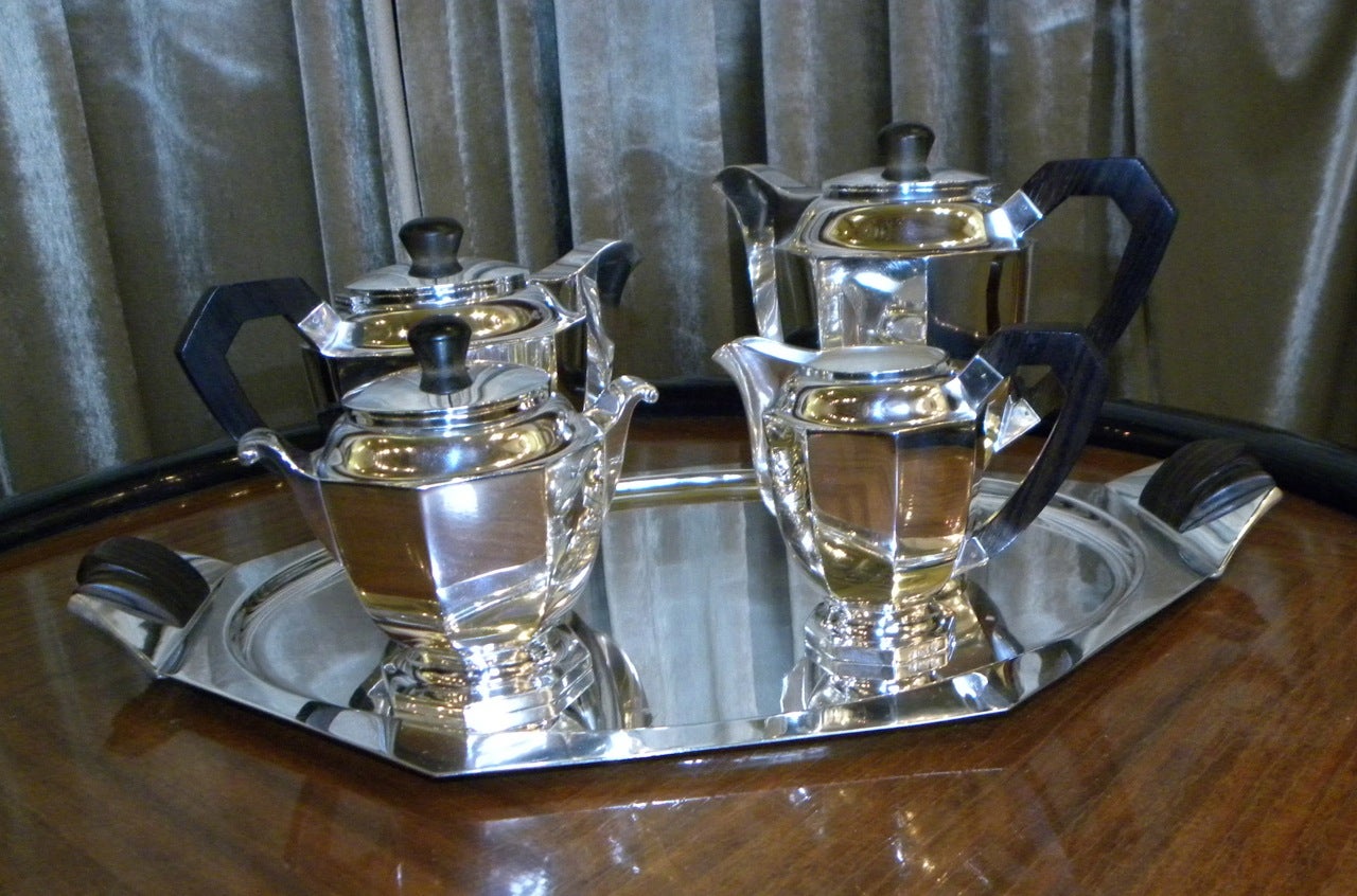 5 Piece French Style Art Deco Coffee - Tea Service, SP with Rosewood