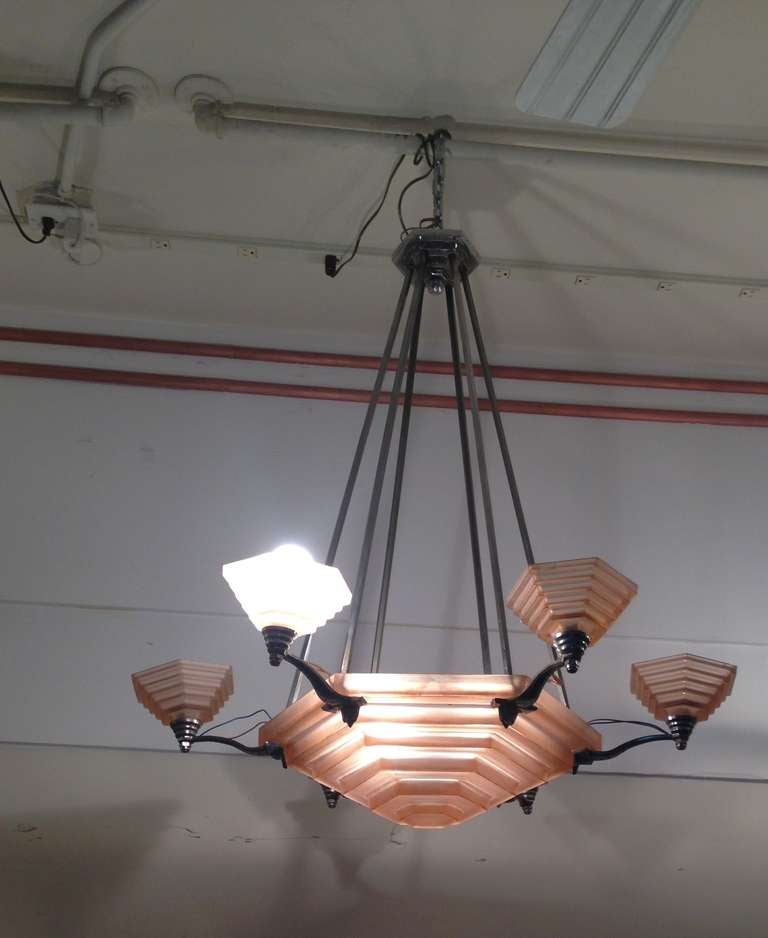 Rare French  Degue Stepped Pink Modernist Chandelier In Excellent Condition In Oakland, CA
