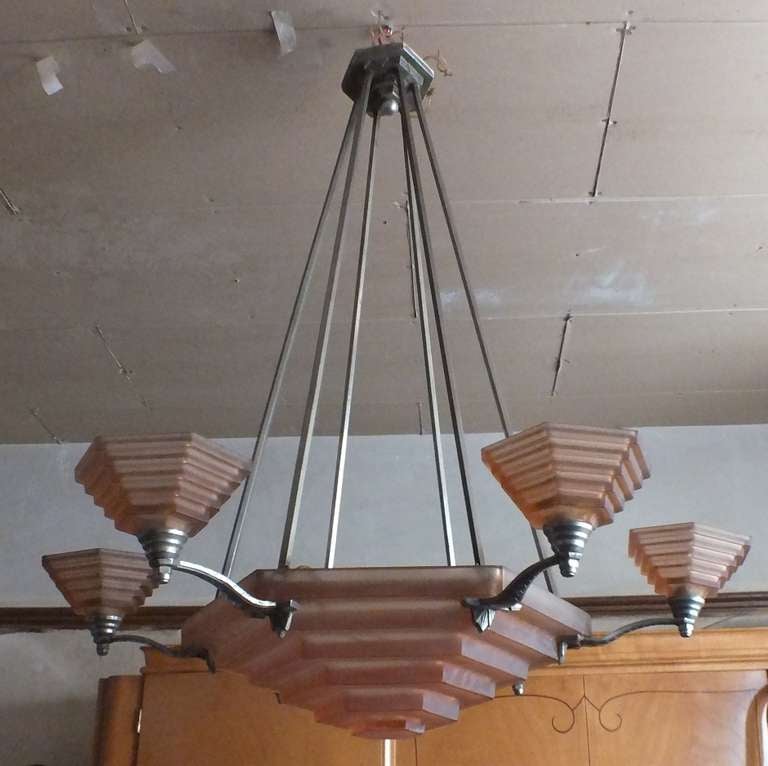 Art Deco Rare French  Degue Stepped Pink Modernist Chandelier