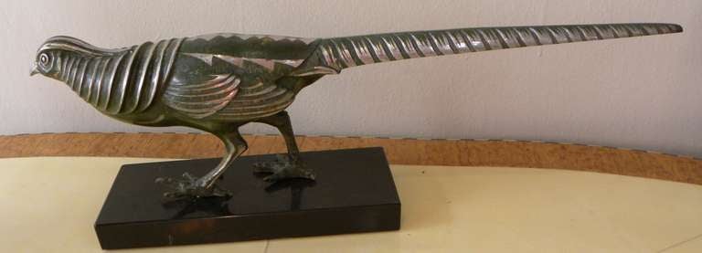 Mid-20th Century Bouraine Pheasant Statue with Cold Painted Bronze Details