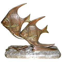 Bronze Art Deco Angel Fish Statue with Gecko