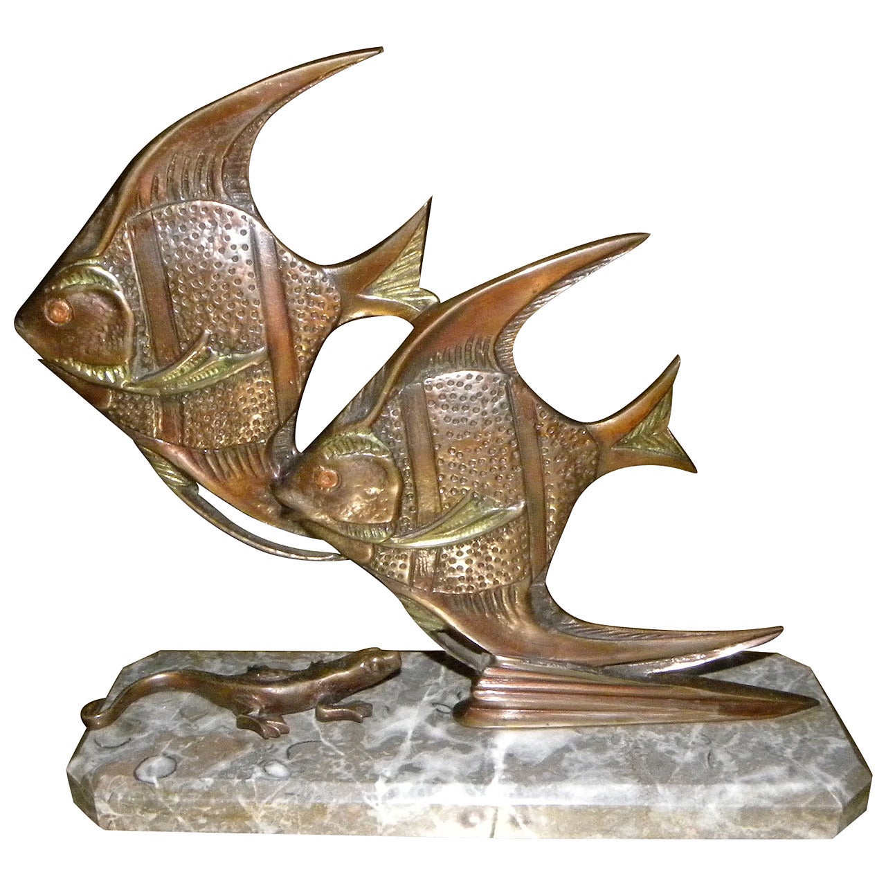 Bronze Art Deco Angel Fish Statue with Gecko