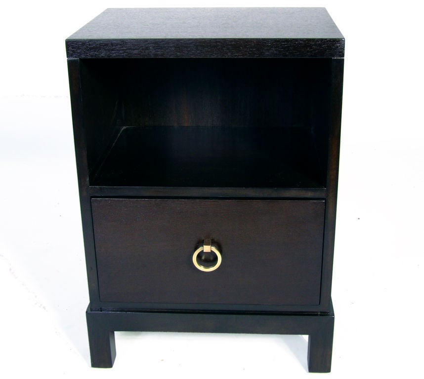Glamorous nightstand or end table, designed by T.H. Robsjohn-Gibbings for Widdicomb, circa 1950s. It is a versatile size and can be used as a nightstand, or as an end or side table. It is currently being refinished and can be completed in your
