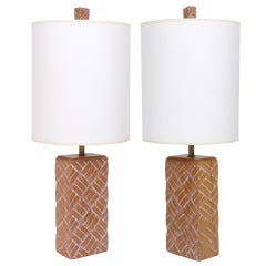 Pair of Limed Oak Crosshatch Lamps