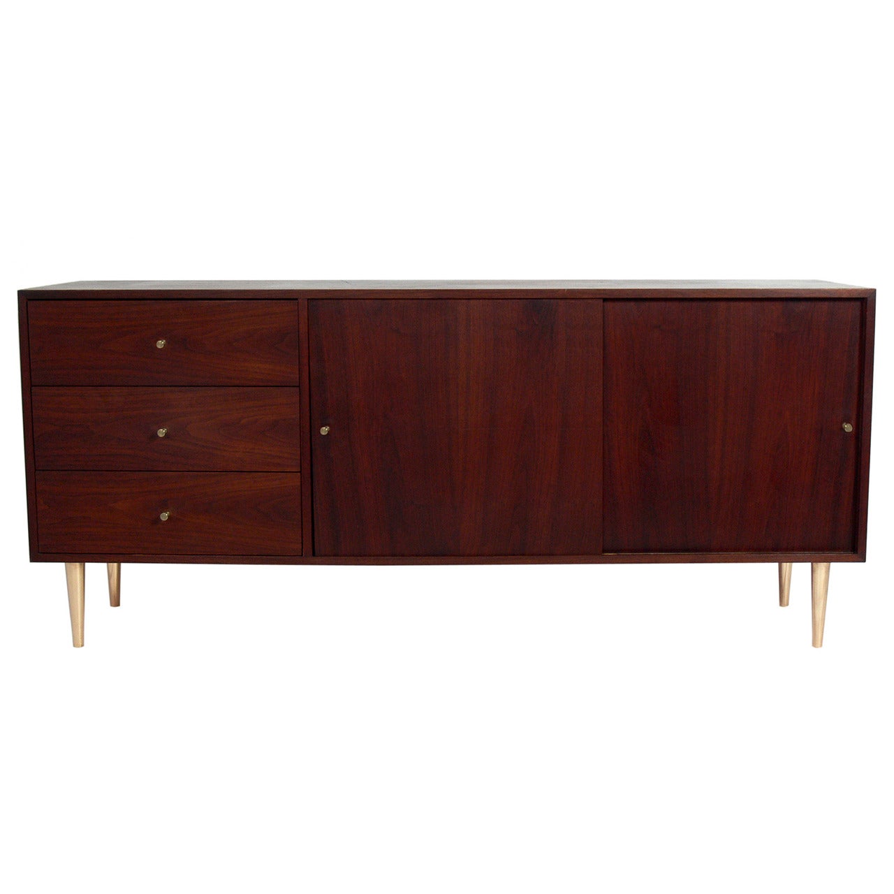 Walnut and Brass Credenza in the Manner of Paul McCobb