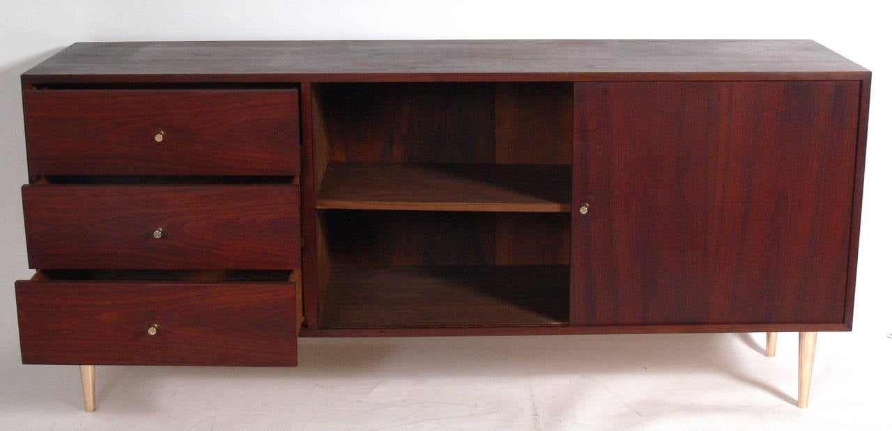 American Walnut and Brass Credenza in the Manner of Paul McCobb