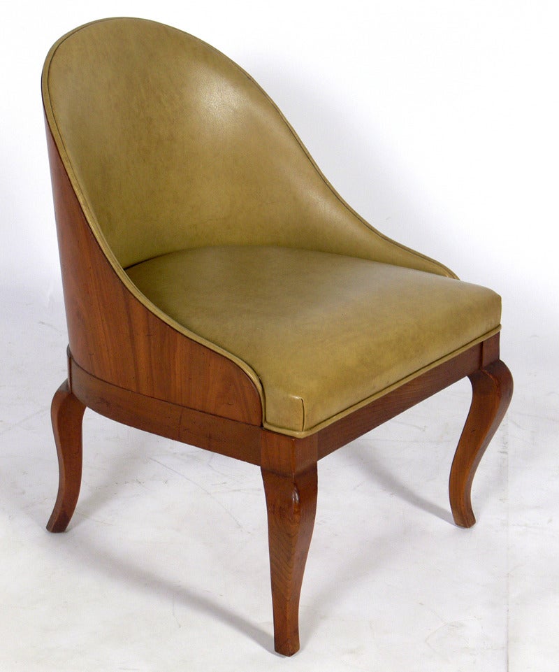 Hollywood Regency Pair of Curvaceous Walnut Slipper Chairs with Brass Handles